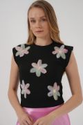 930 Kısa Kol Desenli Crop Bluz - Siyah resmi